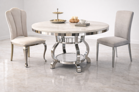 SCAUNE SI MESE - Masa rotunda RD150+80 CH masa dining crom metal blat compozit marmura diametru 150 cm H 80 cm