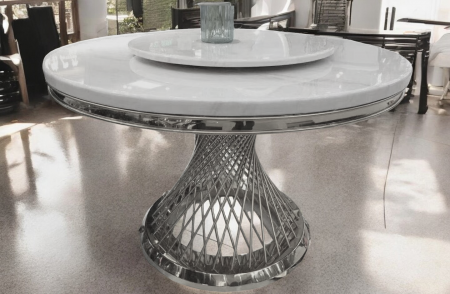 SCAUNE SI MESE - Masa WT150 RD CH, blat marmură lucios, picior metal argintiu, Ø150 cm