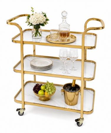 MASUTE CAFEA - Masuță 106, cărucior servire metal auriu cu 3 rafturi și roți, 70x40x87 cm
