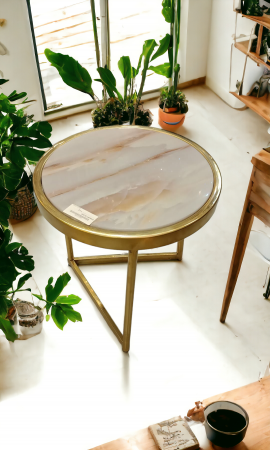 SCAUNE SI MESE - Masuta 458 S, ceramică albă și picior metal auriu, rotund 35 cm