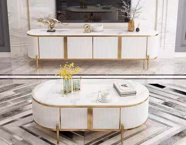 MOBILIER - Masuță 817 Alb, compozit de marmură și picioare metal aurii, 135x70x47 cm, cu sertare