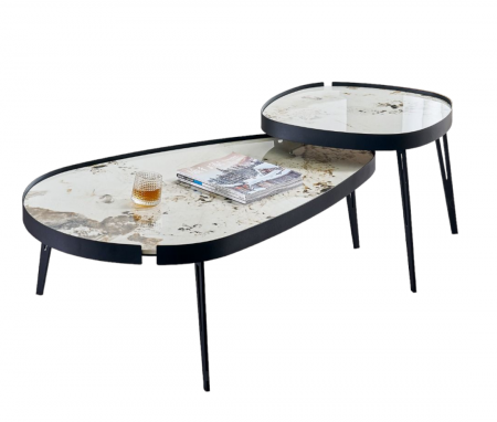 Masuta cafea 853 L BK, blat piatră sinterizată, bază metal negru, formă ovală 110x70 cm [1]