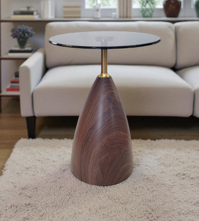MOBILIER - Măsuță cafea 57081 cu blat rotund din sticlă fumurie și bază maro cu efect lemn