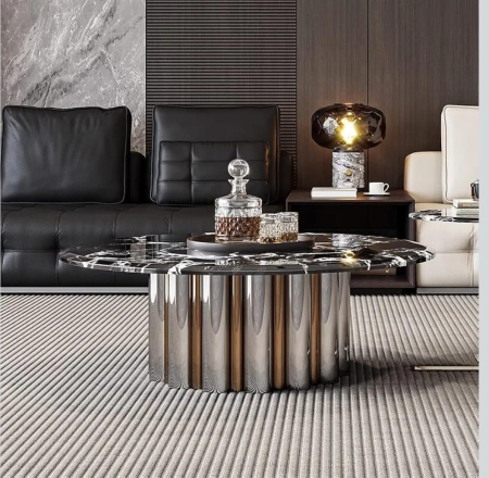 MASUTE CAFEA - Măsuță cafea A 86 blat marmură neagră compozit, bază cilindri metalici argintiu-bronz, 80 cm