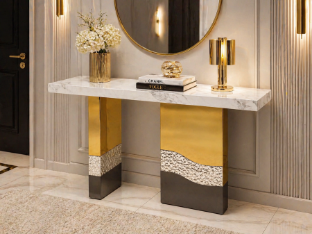 CONSOLE - Măsuță consolă aurie 140 cm cu blat gros 6 cm