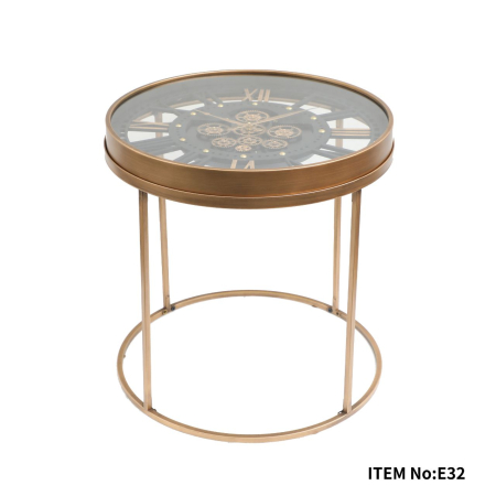 CEASURI - Măsuță de cafea E32, sticlă cu ceas integrat, metal auriu, Ø60xH61 cm