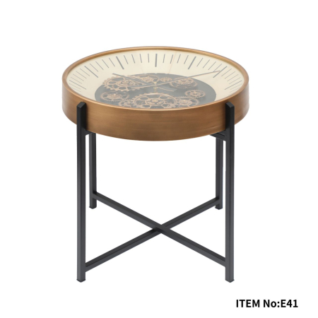 CEASURI - Măsuță de cafea E41, blat sticlă cu ceas, picioare metal, cadru lemn, Ø48xH52 cm