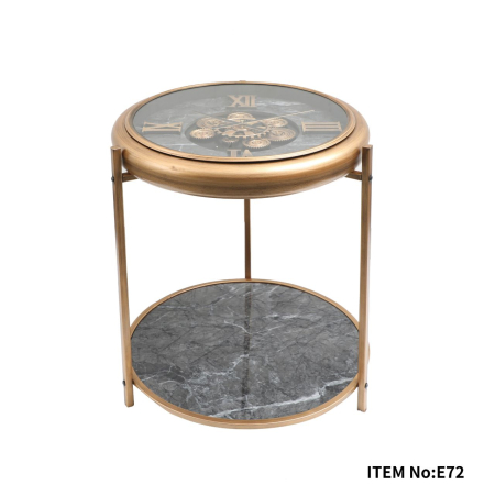 CEASURI - Măsuță de cafea E72, sticlă cu ceas integrat, metal auriu, Ø52xH70 cm