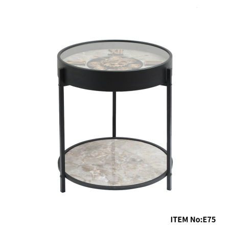 CEASURI - Măsuță de cafea E75, sticlă cu ceas integrat, metal negru, Ø50xH58 cm