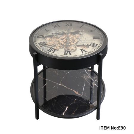 CEASURI - Măsuță de cafea E90, sticlă cu ceas integrat, metal negru, Ø50xH58 cm