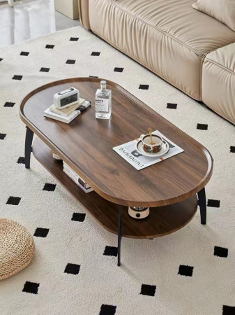 SCAUNE SI MESE - Măsuță de cafea YM110 – blat lemn maro, cadru metalic negru, formă ovală cu poliță de depozitare