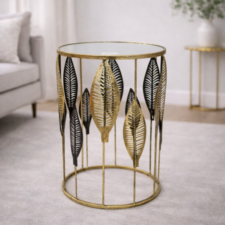 SCAUNE SI MESE - Măsuță decorativă 72002 din metal auriu cu blat oglindă, design frunze, două dimensiuni