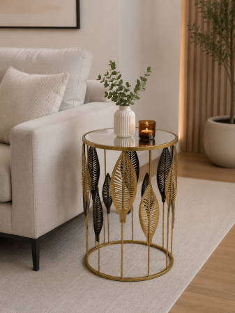 MASUTE CAFEA - Măsuță decorativă 72002 din metal auriu cu blat oglindă, design frunze, două dimensiuni