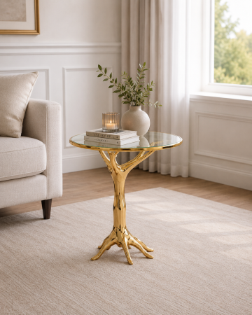 MASUTE CAFEA - Măsuță Decorativă Mâna Aurie cu Blat Sticlă – 50 cm