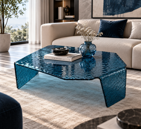 MASUTE CAFEA - Măsuță din acril albastru 15 mm, 94 x 88 x H36 cm, design geometric