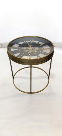 CEASURI - Măsuță de cafea E32, sticlă cu ceas integrat, metal auriu, Ø60xH61 cm