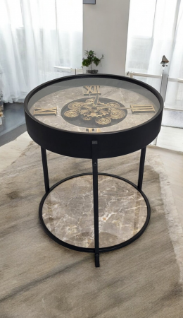 CEASURI - Măsuță de cafea E75, sticlă cu ceas integrat, metal negru, Ø50xH58 cm