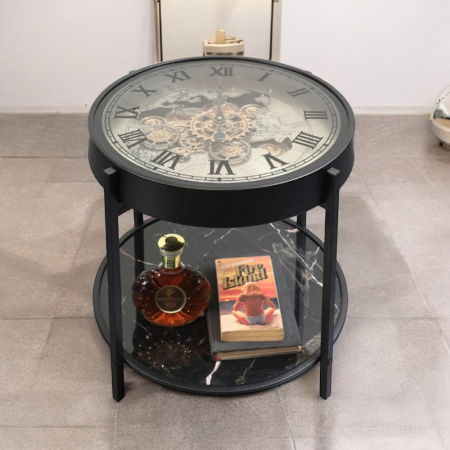 CEASURI - Măsuță de cafea E90, sticlă cu ceas integrat, metal negru, Ø50xH58 cm