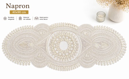 Accesorii bucătărie & dining - Napron masă 2207 broderie mandală auriu argintiu 40x90 cm decor elegant