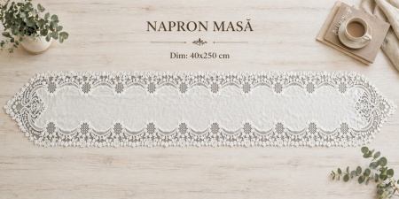 Accesorii bucătărie & dining - Napron masă JK 23-8 catifea albă brodată dantelă florală 40x250 cm elegant