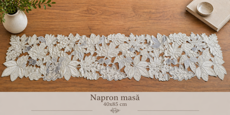 Accesorii bucătărie & dining - Napron masă LP 87 gri deschis cu paiete argintii model frunze toamnă 40x85 cm elegant