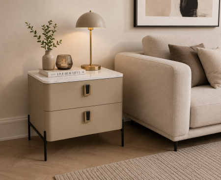 NOPTIERE - Noptieră 122 cu 2 sertare, Soft Touch, blat compozit marmură, crem – 50×40×50 cm