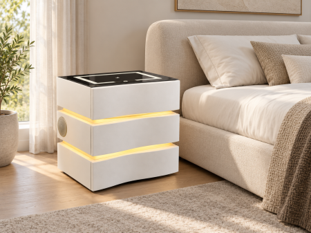 NOPTIERE - Noptieră inteligentă albă ZN 02 cu LED, blat din sticlă și 3 sertare