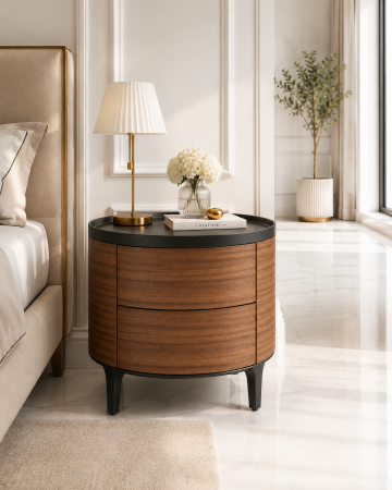 NOPTIERE - Noptieră Model 2055 MDF finisaj nuc, formă cilindrică, 2 sertare Push-to-Open cu blat negru