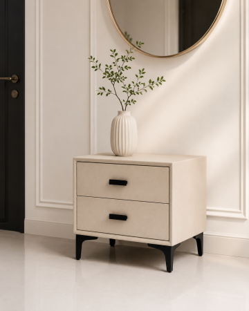 NOPTIERE - Noptieră Model 63 din MDF îmbrăcat în piele ecologică bej cu 2 sertare Soft Close și picioare metalice negre
