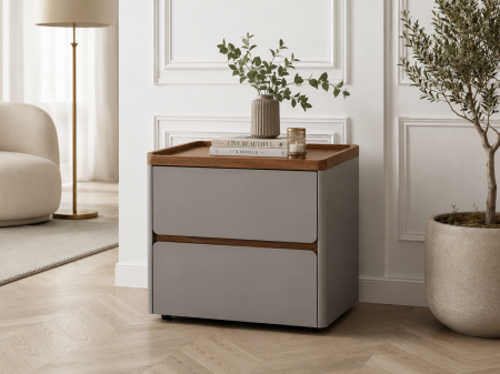 NOPTIERE - Noptieră Model 77 din MDF Gri Mat cu Blat Nuc și 2 Sertare Soft Close