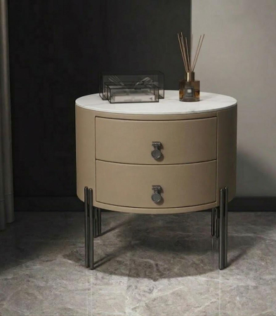 NOPTIERE - noptiera P325 rotunda piele ecologica bej blat piatra sinterizata alba diametru 50 cm