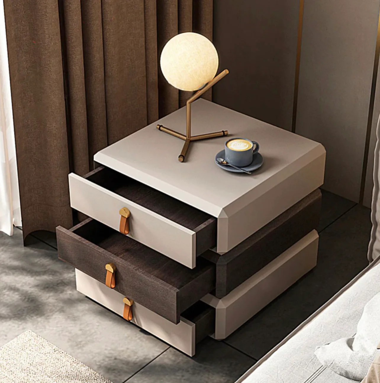 MOBILIER - Noptieră Rotativă 2608, Lemn Masiv & Piele Ecologică Bej/Maro, Modulară 3 Sertare 360°, 50 cm