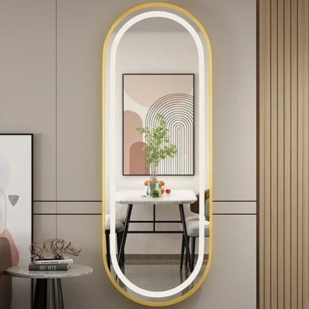 OGLINZI - Oglindă de perete 098-2GD ovală aurie aluminiu, touch, 160×50 cm, LED 3 lumini