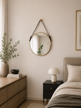 OGLINZI - Oglindă decorativă de perete rotundă sau pătrată, ramă aurie, cu curea de prindere