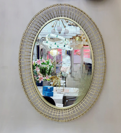 OGLINZI - Oglindă decorativă ovală 95315 – ramă metalică aurie tip plasă, design glamour, 92x67 cm