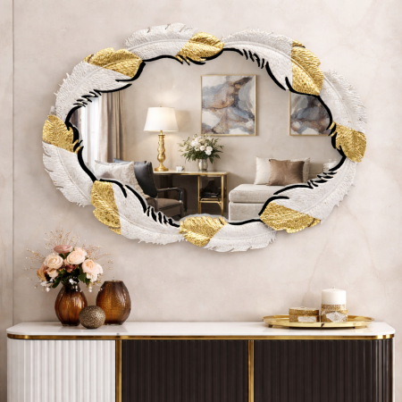 OGLINZI - Oglindă ovală 16471 – ramă voluminoasă cu pene albe și accente aurii, decor glamour, 85x65 cm