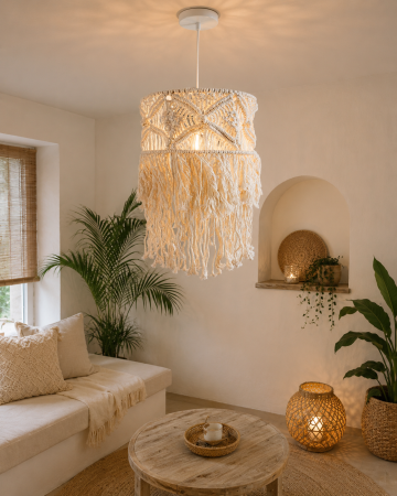 PENDULE - Pendul Boho Y021 din Bumbac Crem Ø30 cm cu Franjuri Decorative