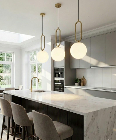 PENDULE - Pendul modern 1116/1CP, metal auriu și sticlă opală albă, glob geometric Ø15 cm