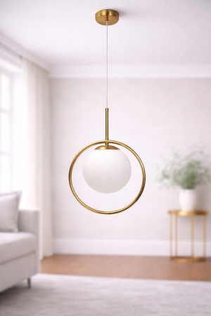 PENDULE - Pendul 1122/1 Metal și Sticlă, Abajur Alb Mat / Amber, Formă Rotundă, Lungime 105 cm