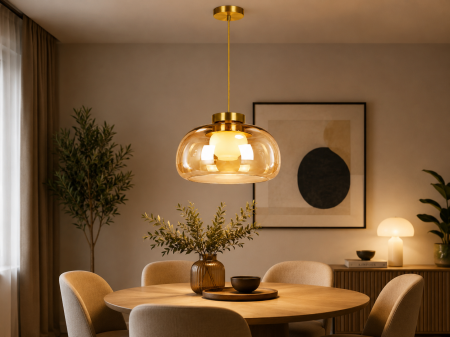 PENDULE - Pendul Modern 2621/1 din Sticlă Amber cu Glob Opal și Structură Auriu Satinat Ø32 cm