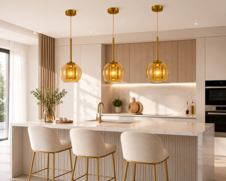 PENDULE - Pendul Modern HJ 8301/1 Auriu cu Glob din Sticlă Amber și Cilindru Metalic Perforat