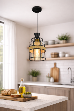 PENDULE - Pendul rustic 3049/1, metal negru și sticlă aurie transparentă, detalii sfoară, cablu reglabil