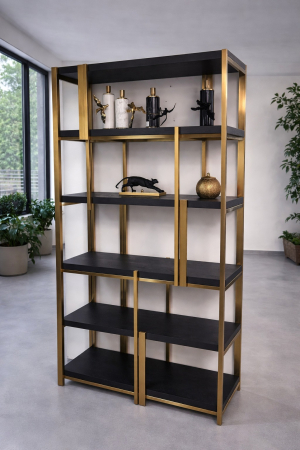 MOBILIER - Raft decorativ 005N din metal auriu și lemn negru, design modern deschis, formă dreptunghiulară, 200 cm înălțime
