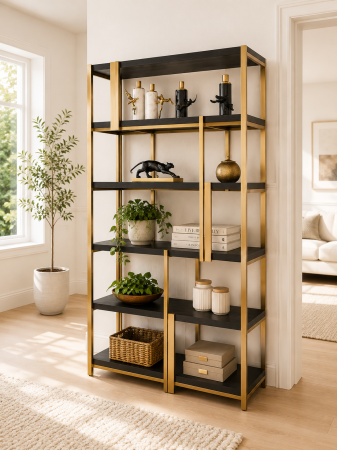 RAFTURI - Raft decorativ 005N din metal auriu și lemn negru, design modern deschis, formă dreptunghiulară, 200 cm înălțime