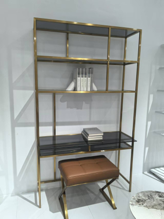 MOBILIER - Raft metalic 200, auriu cu polițe sticlă fumurie, design modern 118x35x206 cm