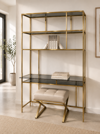 RAFTURI - Raft metalic 200, auriu cu polițe sticlă fumurie, design modern 118x35x206 cm