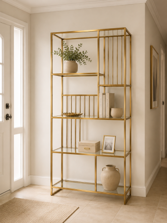 RAFTURI - Raft metalic decorativ 001, metal auriu cu polițe din sticlă, design dreptunghiular modern, 200 cm înălțime