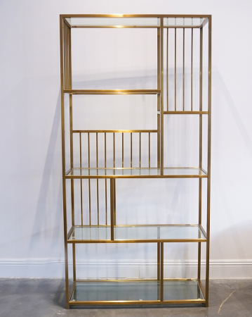 MOBILIER - Raft metalic decorativ 001, metal auriu cu polițe din sticlă, design dreptunghiular modern, 200 cm înălțime