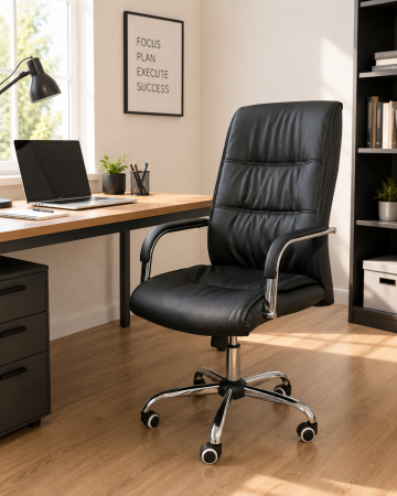MOBILIER BIROU - Scaun 107 director negru piele artificiala cu spatar inalt si baza cromata