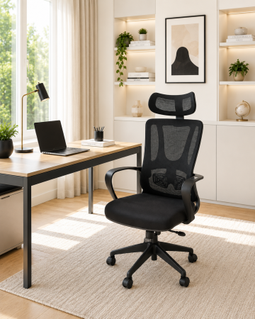 MOBILIER BIROU - Scaun ergonomic 285A, textil negru, spătar plasă, tetieră reglabilă, H23-63 cm